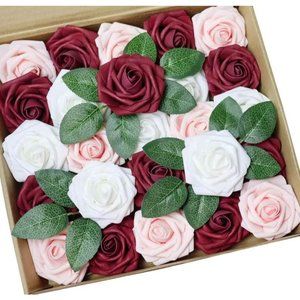25 Count | Burgundy White Blush Roses Wedding Bouquet Flowers Centerpiece Decor